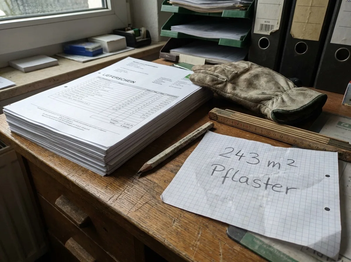 Handgeschriebener Notizzettel "243 m² Pflaster" auf einem Bürotisch, daneben ein Stapel Lieferscheine